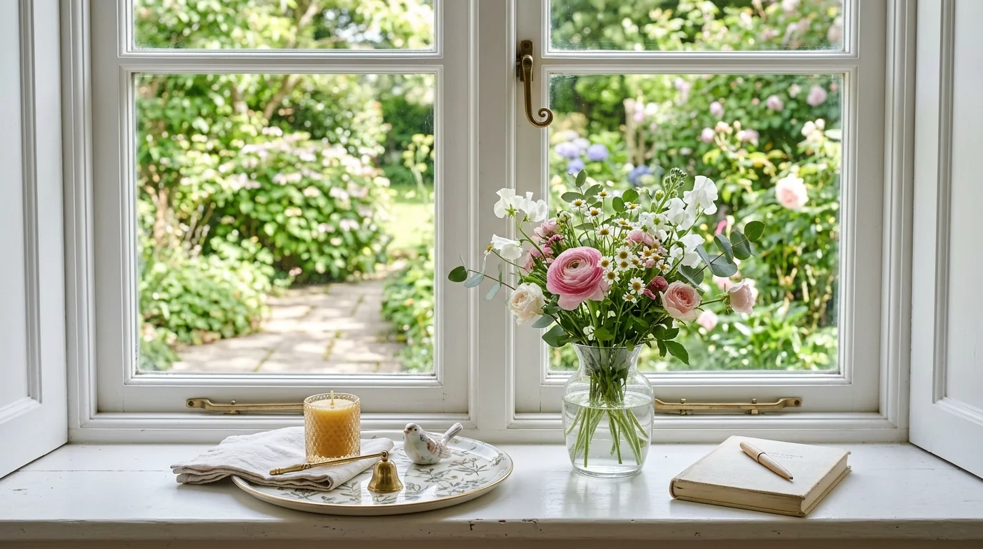 A window sill with a small vase of fresh flowers and a decorative tray bright natural lighting simple elegant styling no people