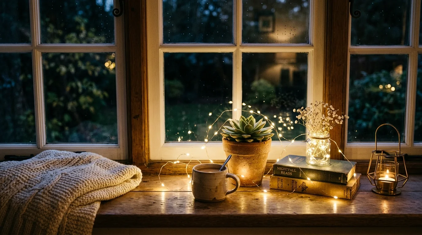 A sill decorated with fairy lights wrapped around small decor items creating a soft glow warm ambient lighting cozy atmosphere no people