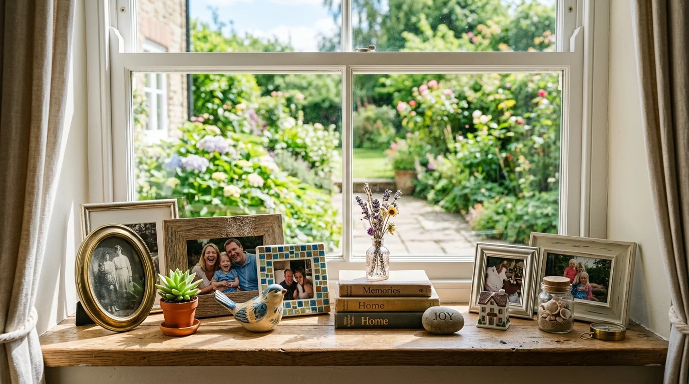 A window sill with framed photos and small keepsakes arranged creatively bright natural daylight personalized display no people