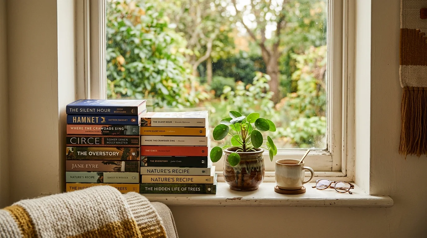 A sill with a collection of books stacked neatly with a small plant beside them soft lighting cozy reading vibe no people