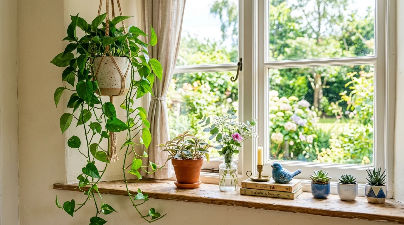 A window sill with a hanging plant cascading down paired with small decor items bright natural light lively fresh look no people