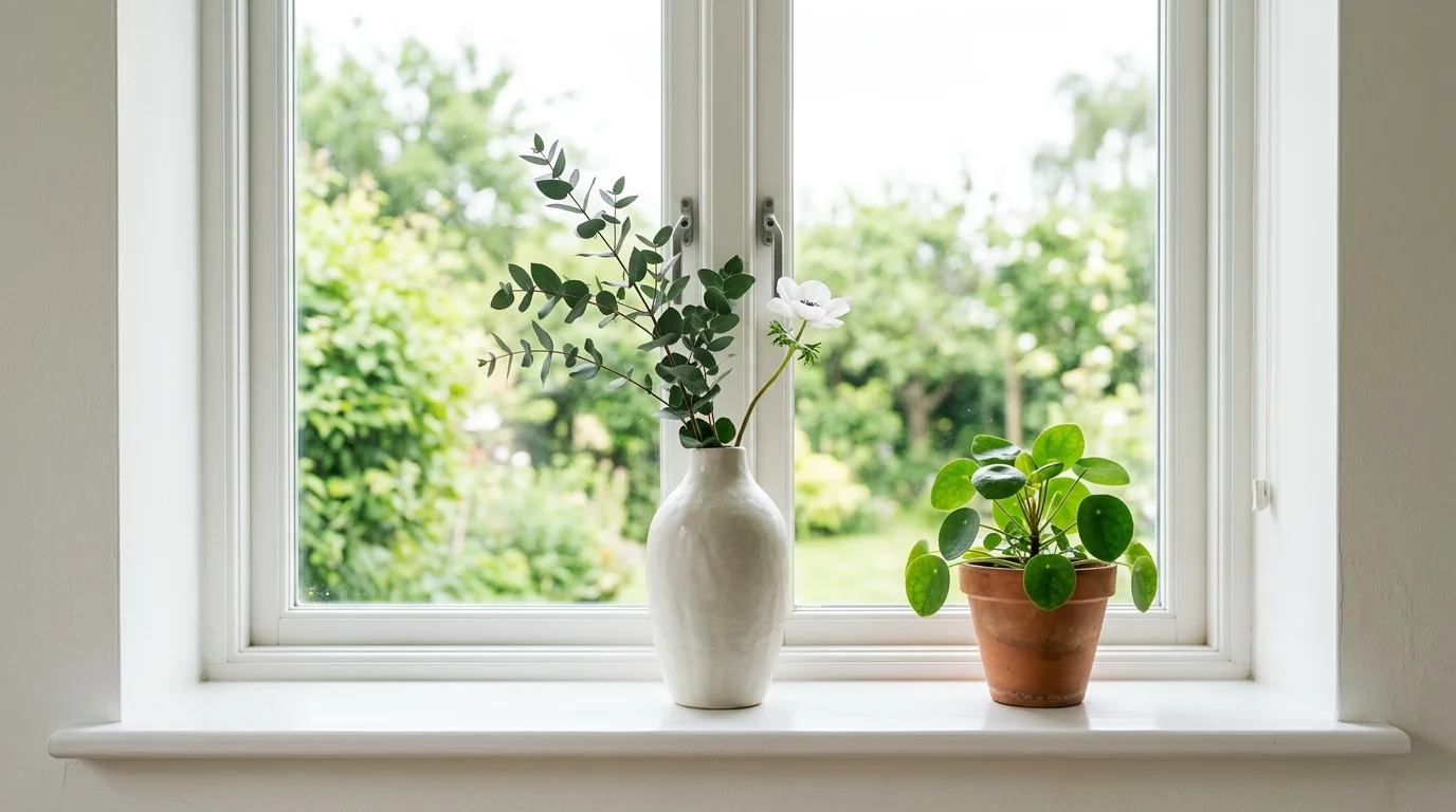 A minimalist sill with a single statement vase and a plant bright natural daylight clean uncluttered design no people