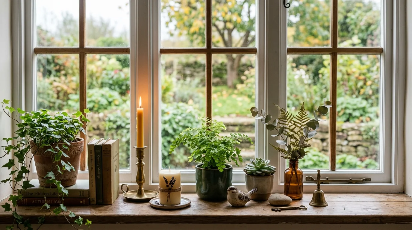 A window sill with a mix of candles greenery and decorative objects arranged in layers soft lighting charming balanced display no people