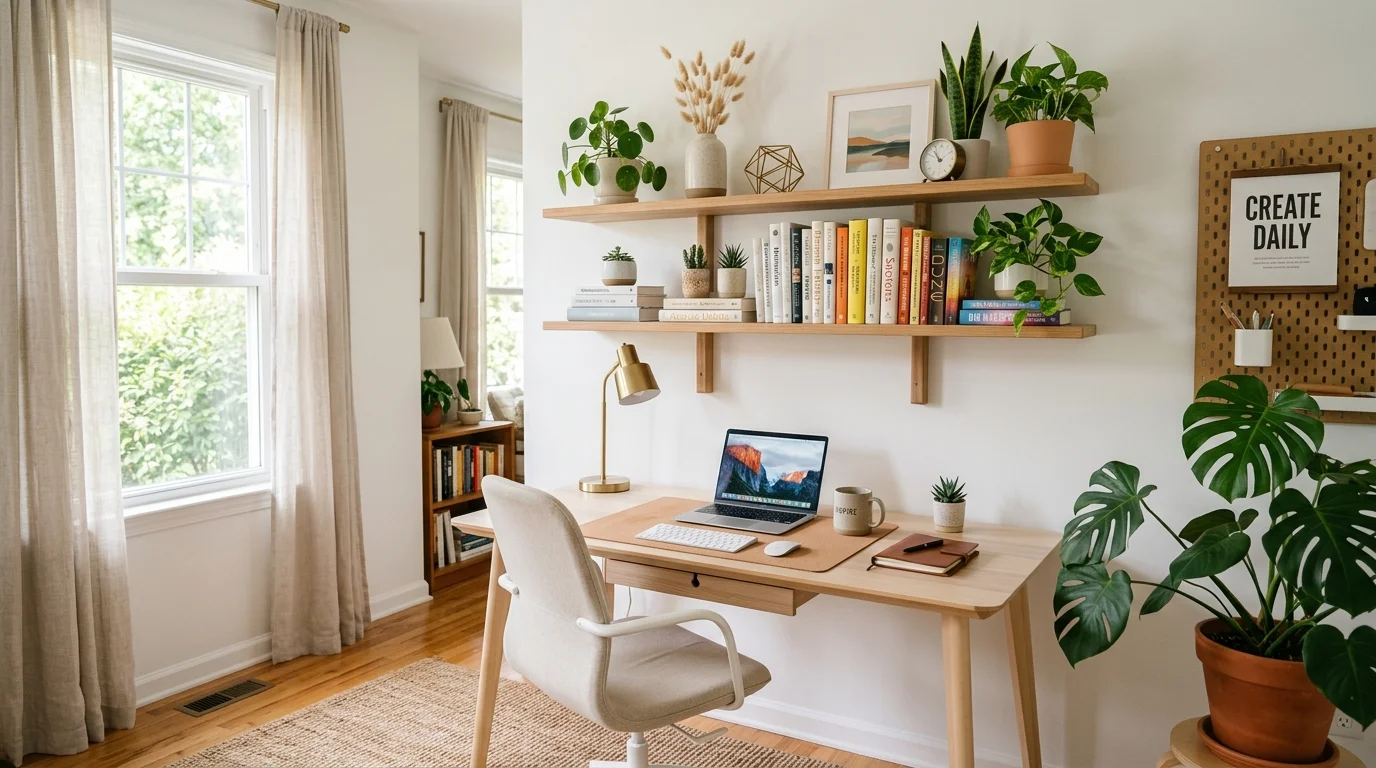 A workspace with floating shelves holding books plants and decor items neatly arranged bright lighting organized and aesthetic office no people
