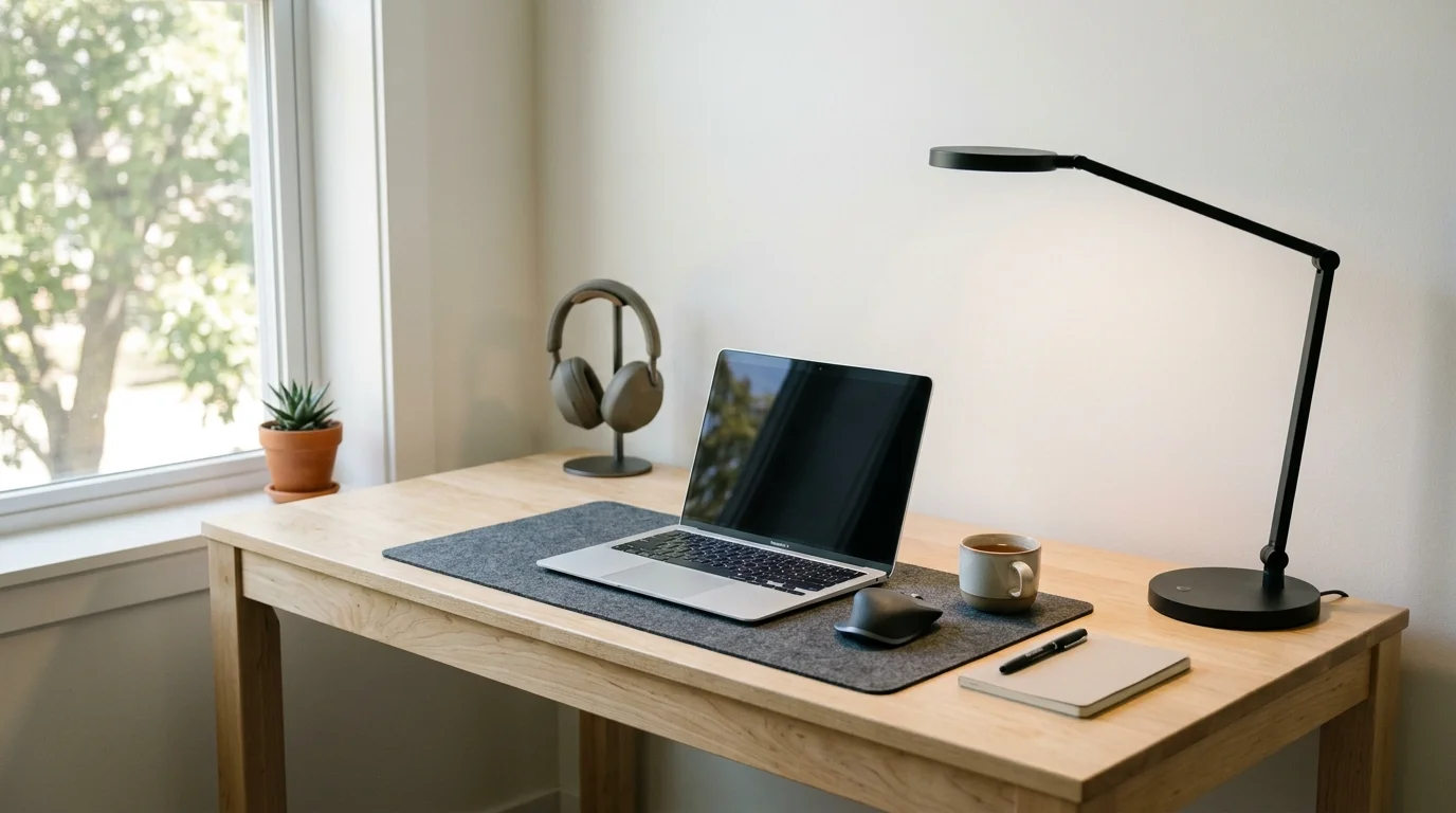A desk setup with a laptop lamp and minimal accessories bright natural light clean focused work environment no people