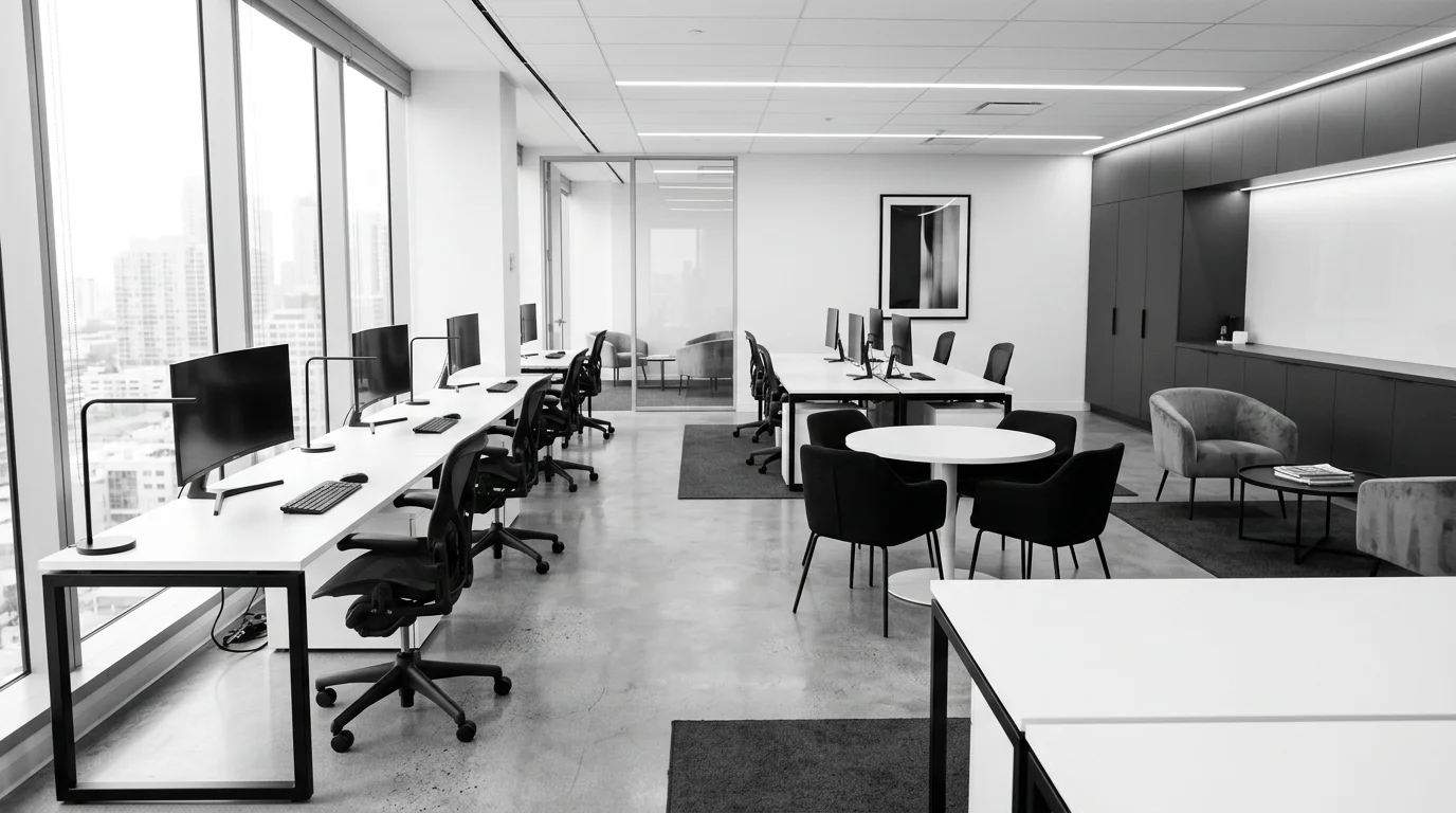 A modern office with a monochrome color palette and sleek furniture bright lighting contemporary stylish setup no people