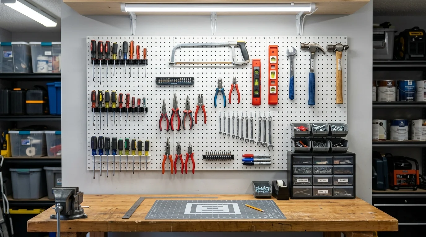 A workspace with a pegboard wall holding tools and accessories bright lighting functional and organized design no people