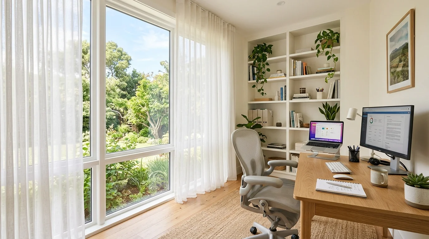 A home office with a large window and sheer curtains bright natural daylight airy productive atmosphere no people
