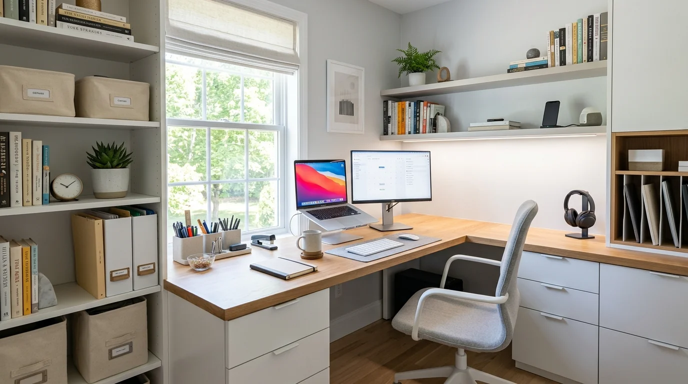 A desk with built in storage and neatly arranged supplies bright lighting efficient clutter free setup no people