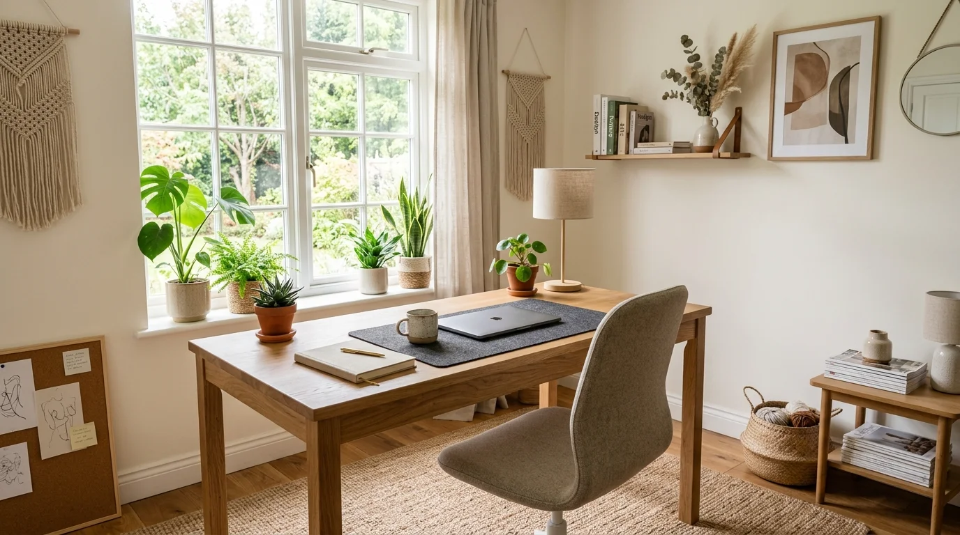 A workspace with a mix of textures including wood and fabric bright natural light balanced stylish decor no people