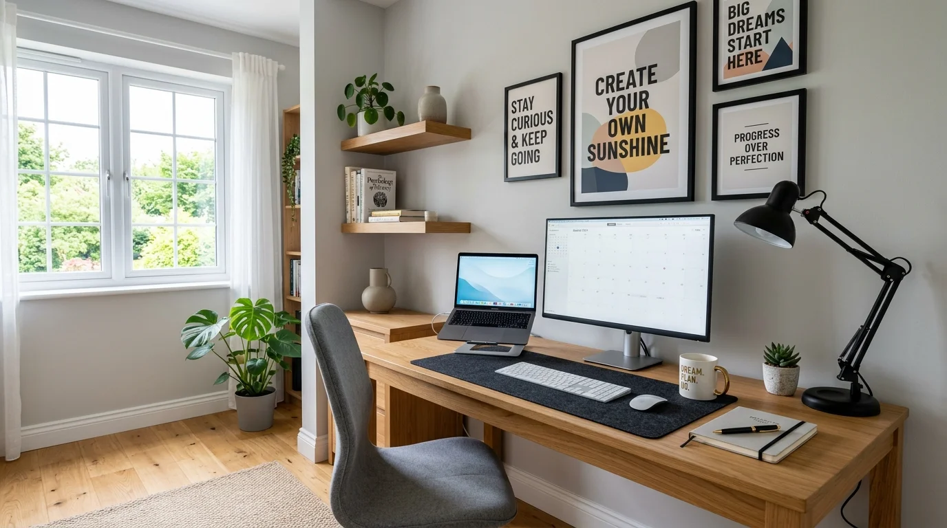 A home office with inspirational artwork and clean desk layout bright lighting motivating productive environment no people