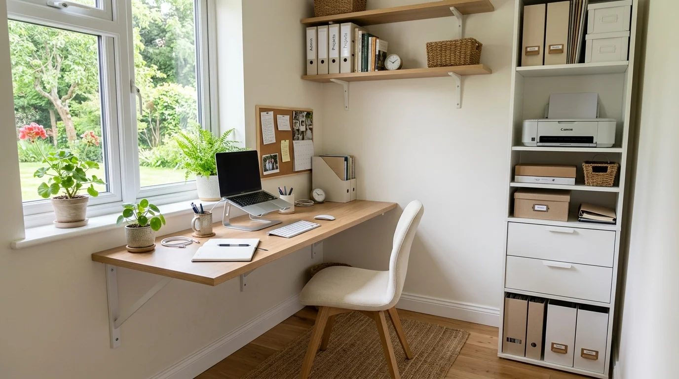 A compact office with space saving furniture and smart storage bright natural daylight efficient small workspace no people