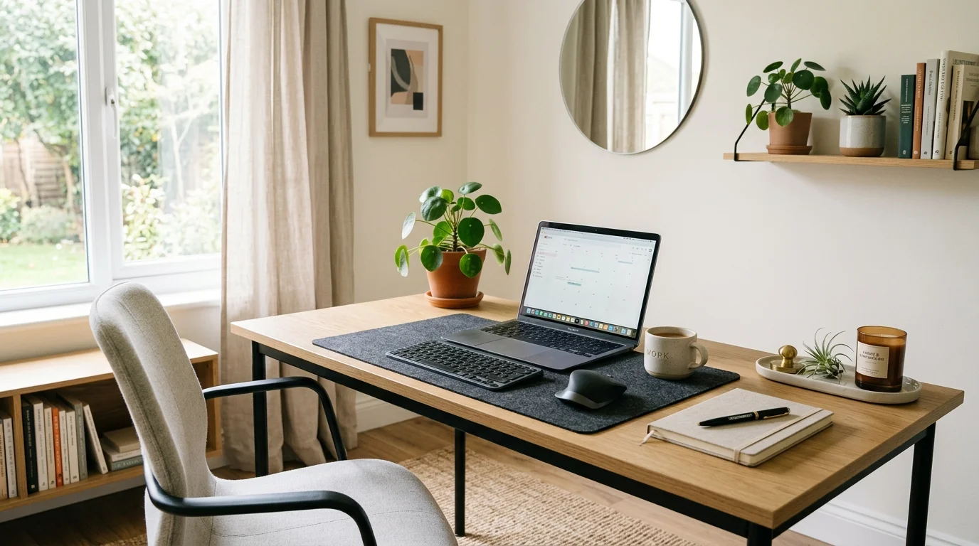 A well organized desk with minimal clutter and subtle decor bright natural daylight stylish functional home office