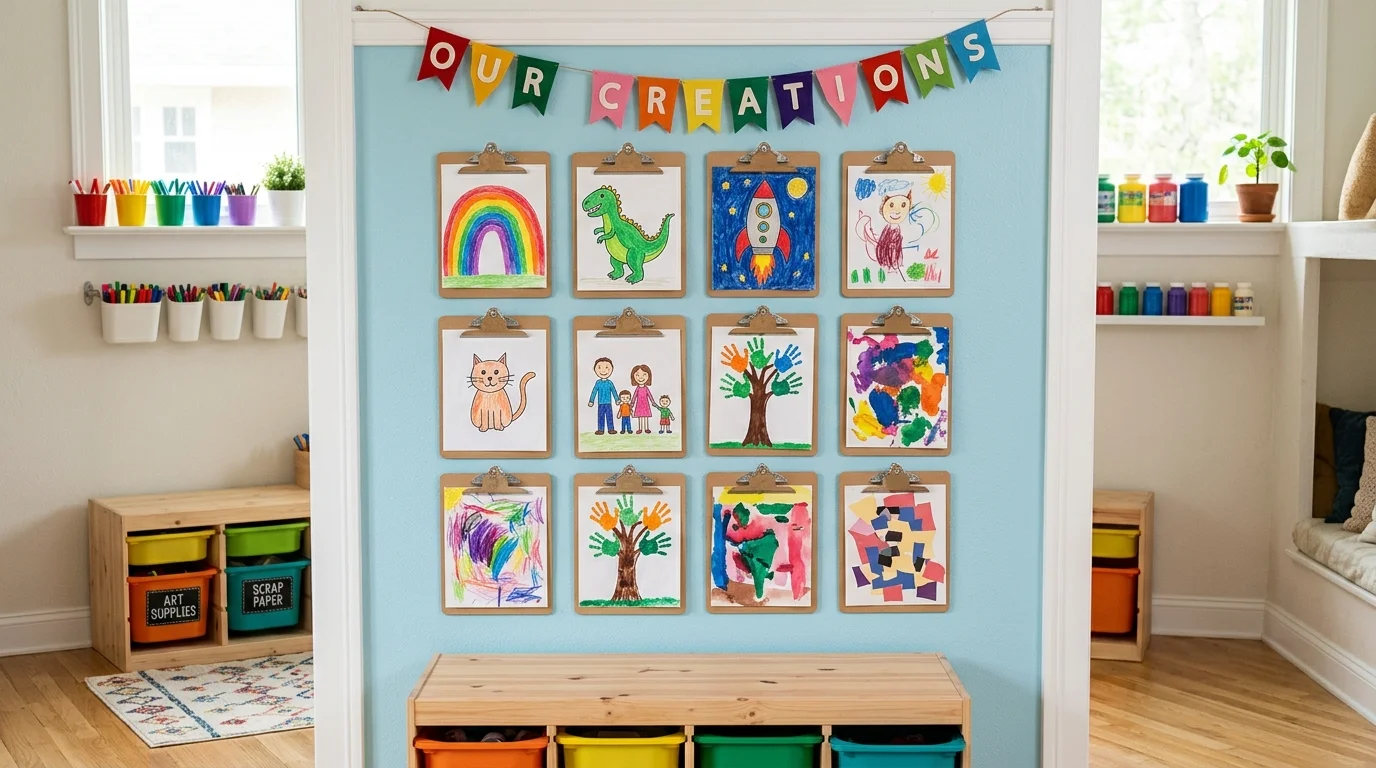 Creative display using clipboards mounted on wall, easily changeable artwork, and organized layout for practical and stylish kids art showcase no people