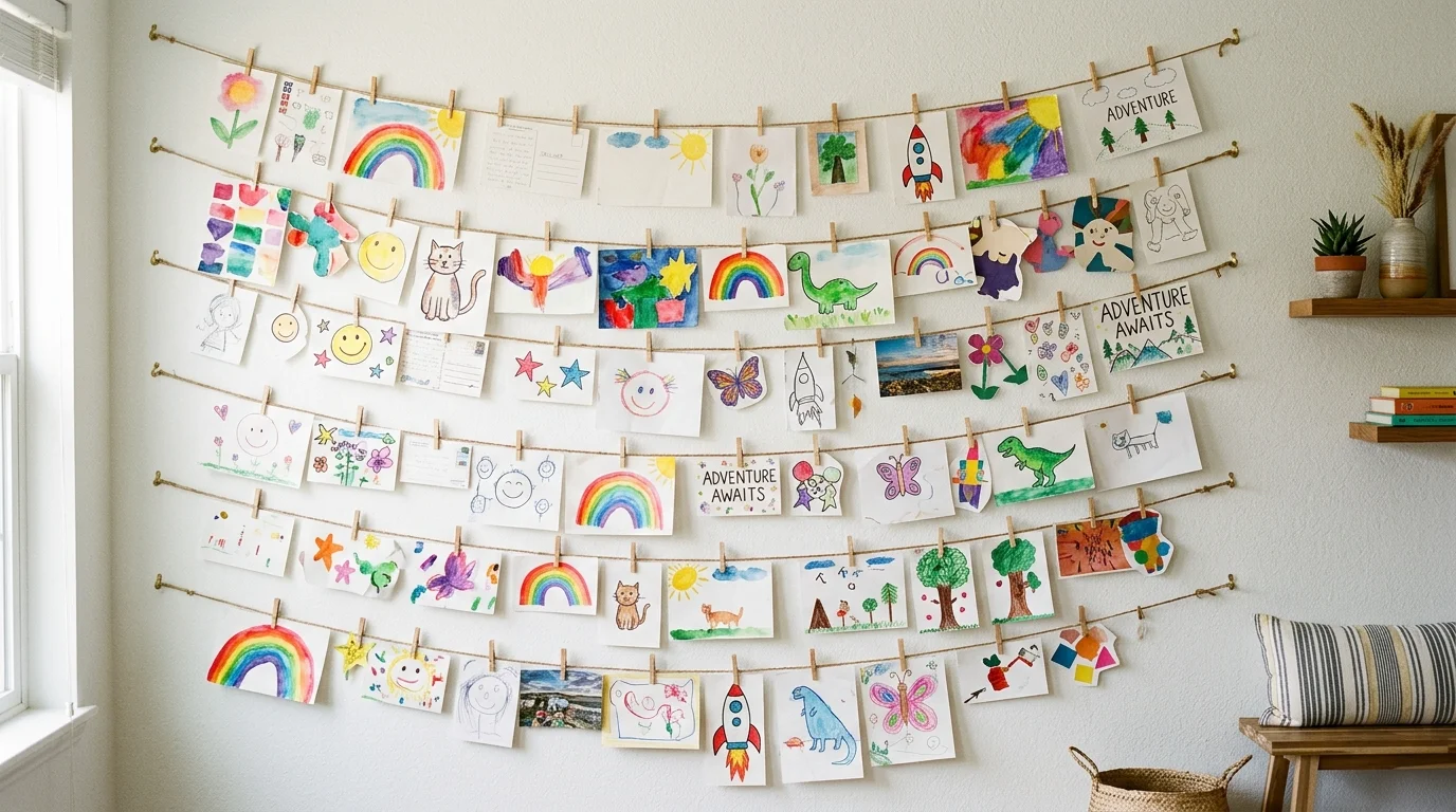 String and clip art display with twine lines, mini clothespins, and rotating drawings creating fun flexible gallery wall no people