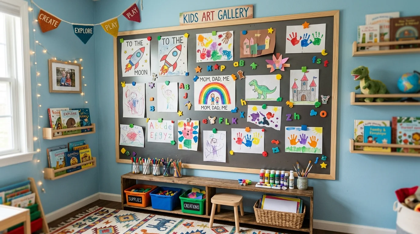 Magnetic wall display with large metal board, magnets holding artwork, and vibrant kids room decor for interactive art showcase no people