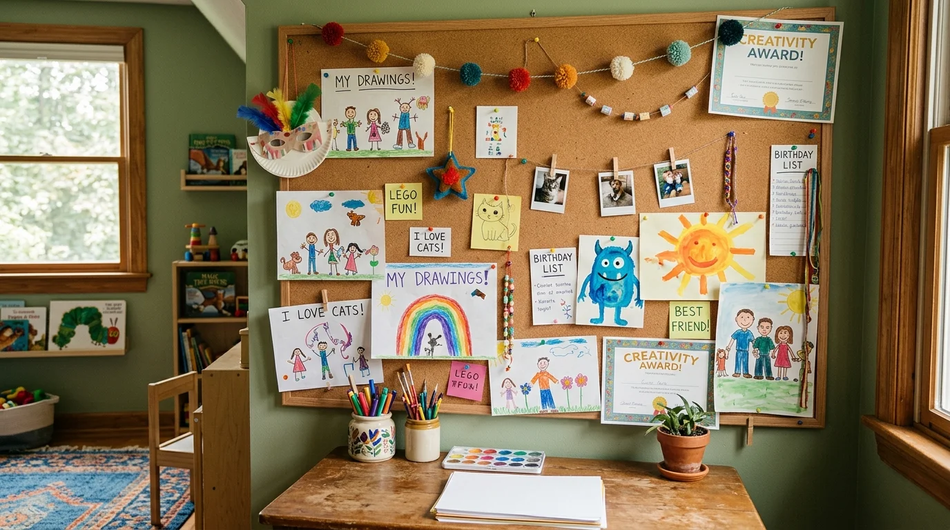 Corkboard gallery wall filled with drawings, crafts, and notes for casual creative display in a cozy kids space no people