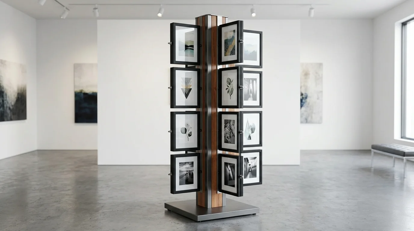 Framed rotating art display with matching frames and interchangeable inserts for polished gallery-style presentation no people