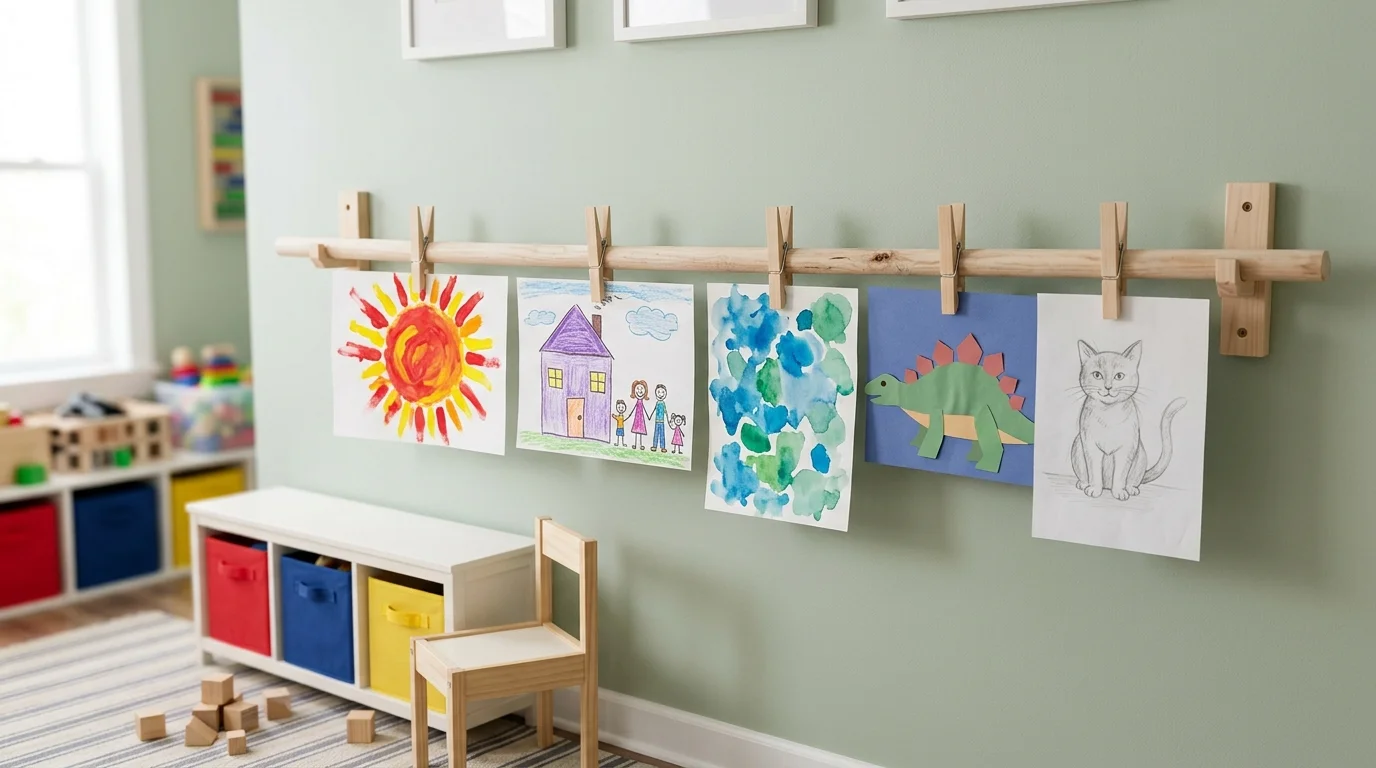 DIY hanging rail system with wooden bar and clips for simple modern kids art display in playroom or hallway no people