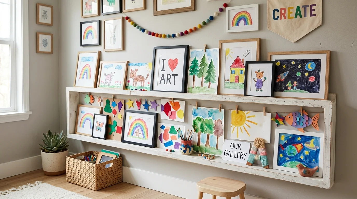 Art ledge shelves displaying layered drawings, paintings, and crafts for stylish organized kids artwork showcase no people
