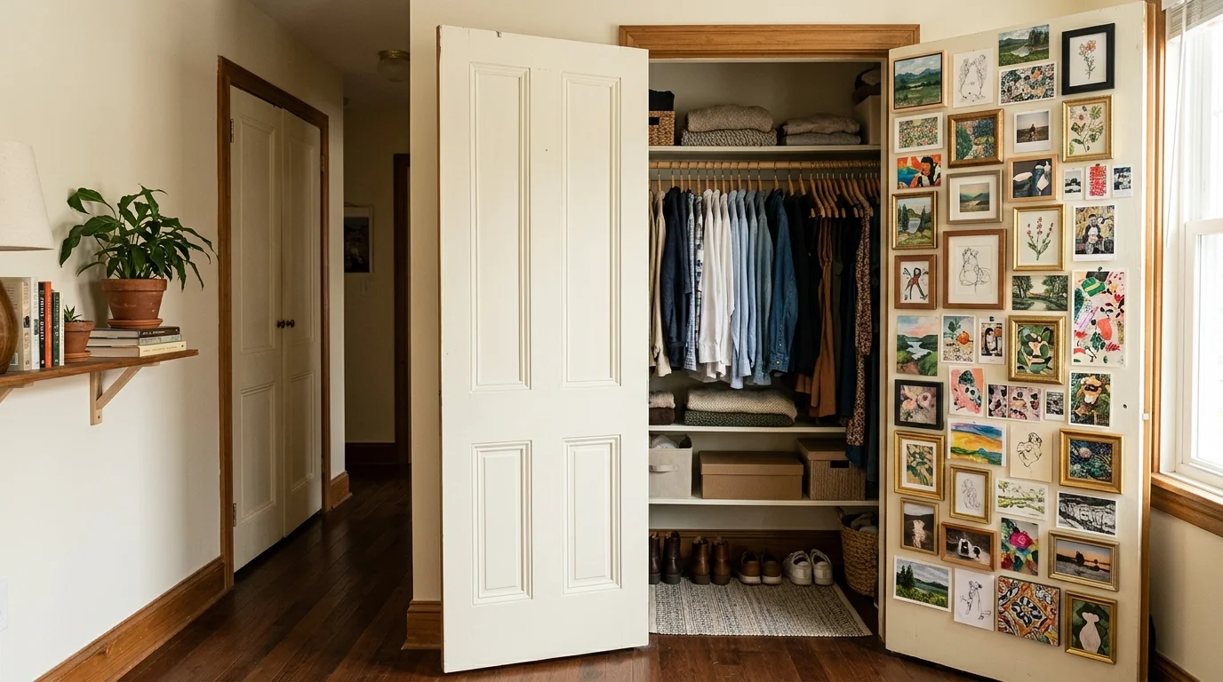 Closet door art gallery with inside panels covered in artwork for hidden creative display space no people