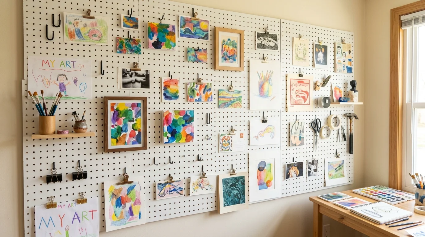 Pegboard art wall with hooks and clips for flexible arrangement and easy updates to showcase new masterpieces no people