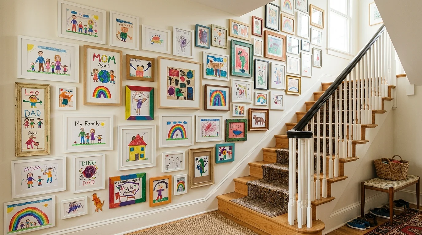 Staircase gallery wall filled with framed kids art arranged along the wall for dynamic and proud family display no people