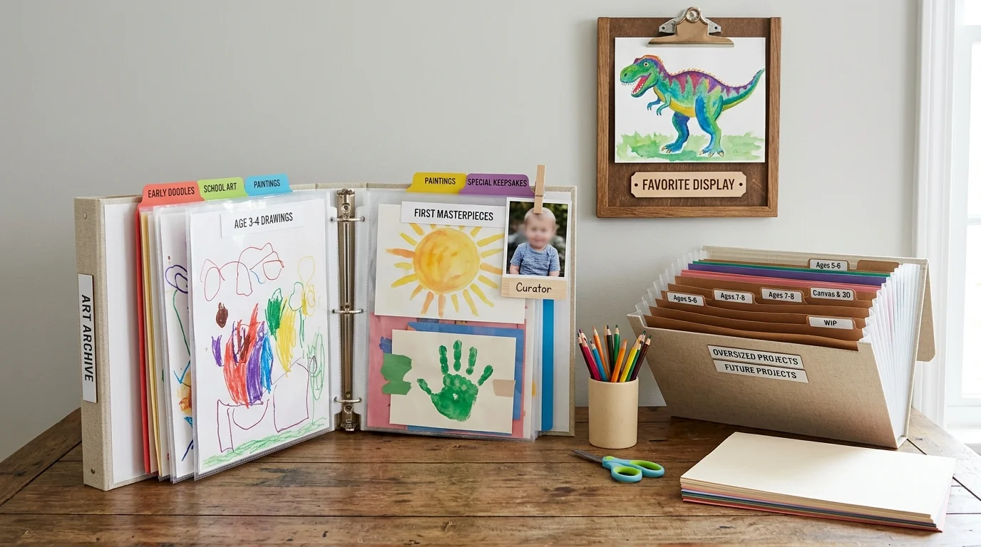 Binder or portfolio art station with labeled sections for preserving and organizing kids artwork while displaying favorites no people
