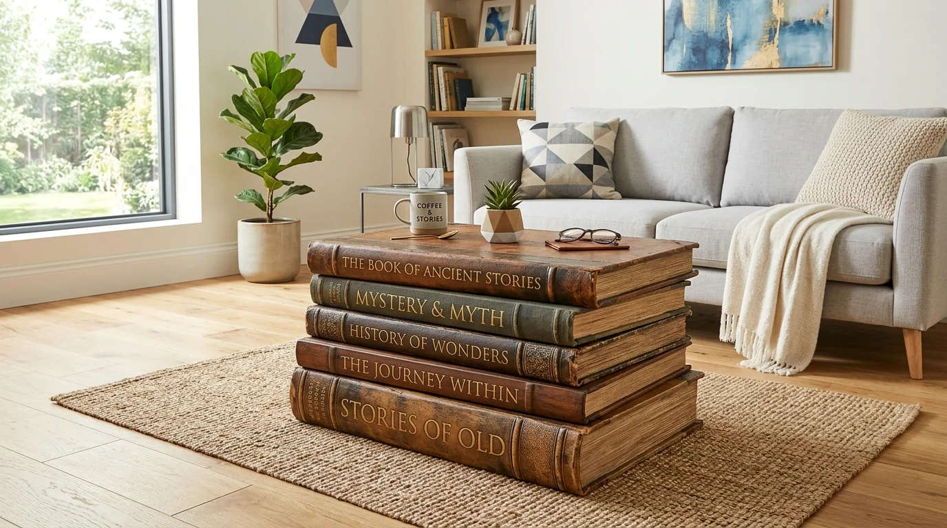 A coffee table designed to look like a stack of giant books with detailed textures placed in a modern room bright lighting unique artistic piece no people