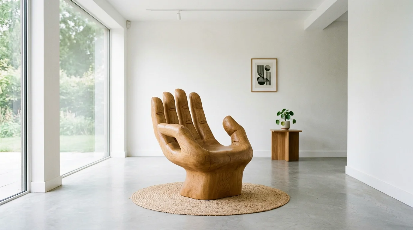 A chair shaped like a hand with fingers forming the seat placed in a minimalist space bright lighting surreal playful design no people