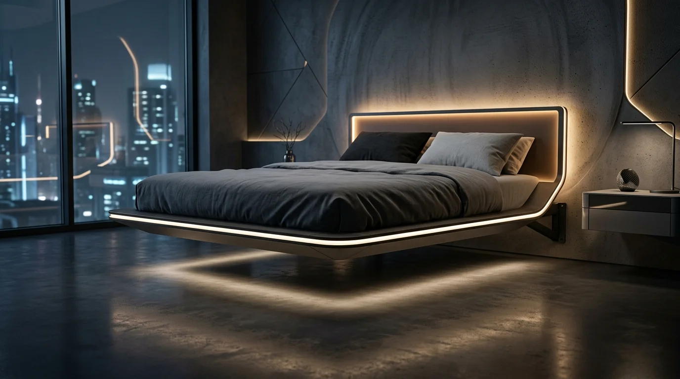 A bed designed to resemble a floating platform with hidden supports creating a levitating effect soft lighting futuristic unusual furniture no people