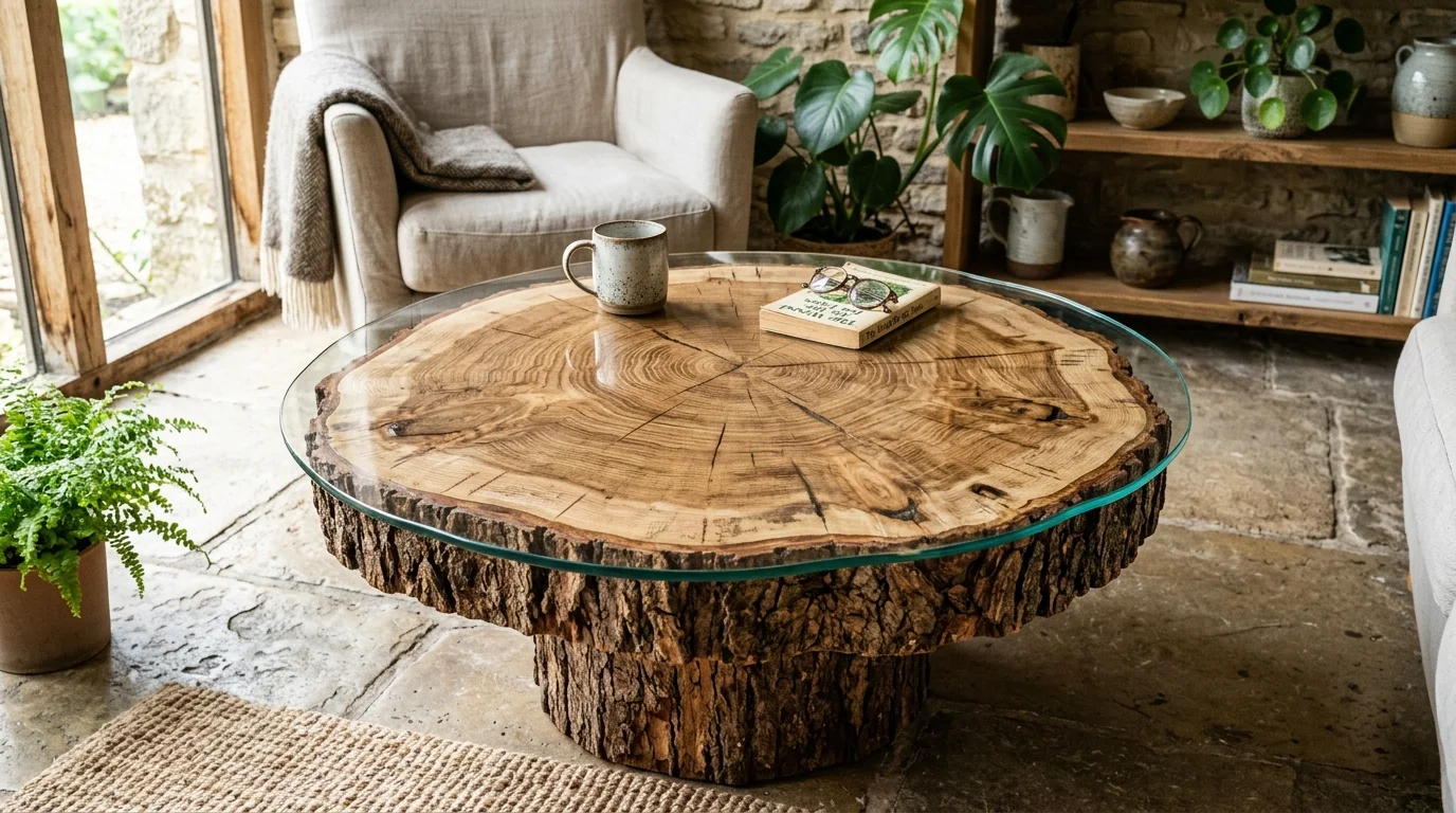 A table made from a tree trunk with a glass top showcasing the natural wood structure bright natural lighting organic quirky design no people