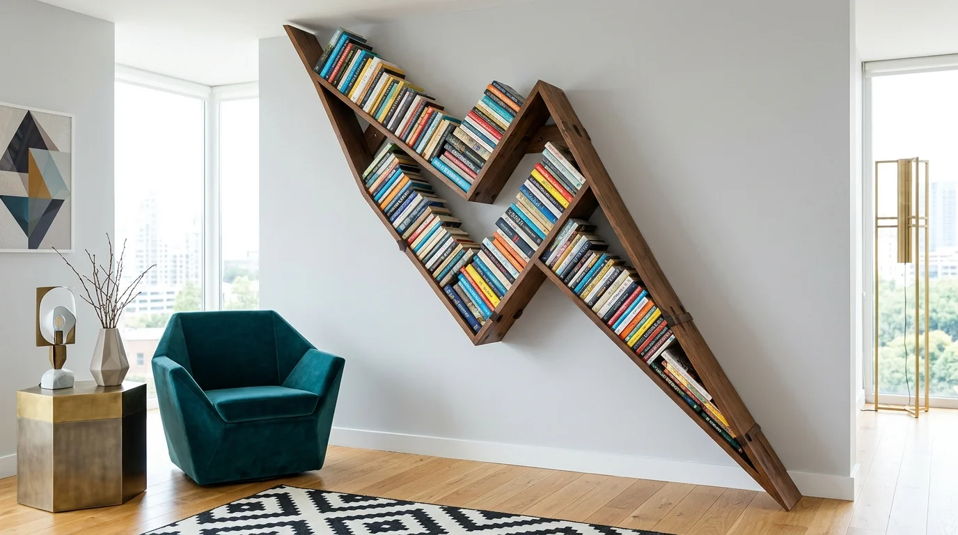 A bookshelf shaped like a zigzag lightning bolt filled with books bright lighting bold geometric furniture statement no people