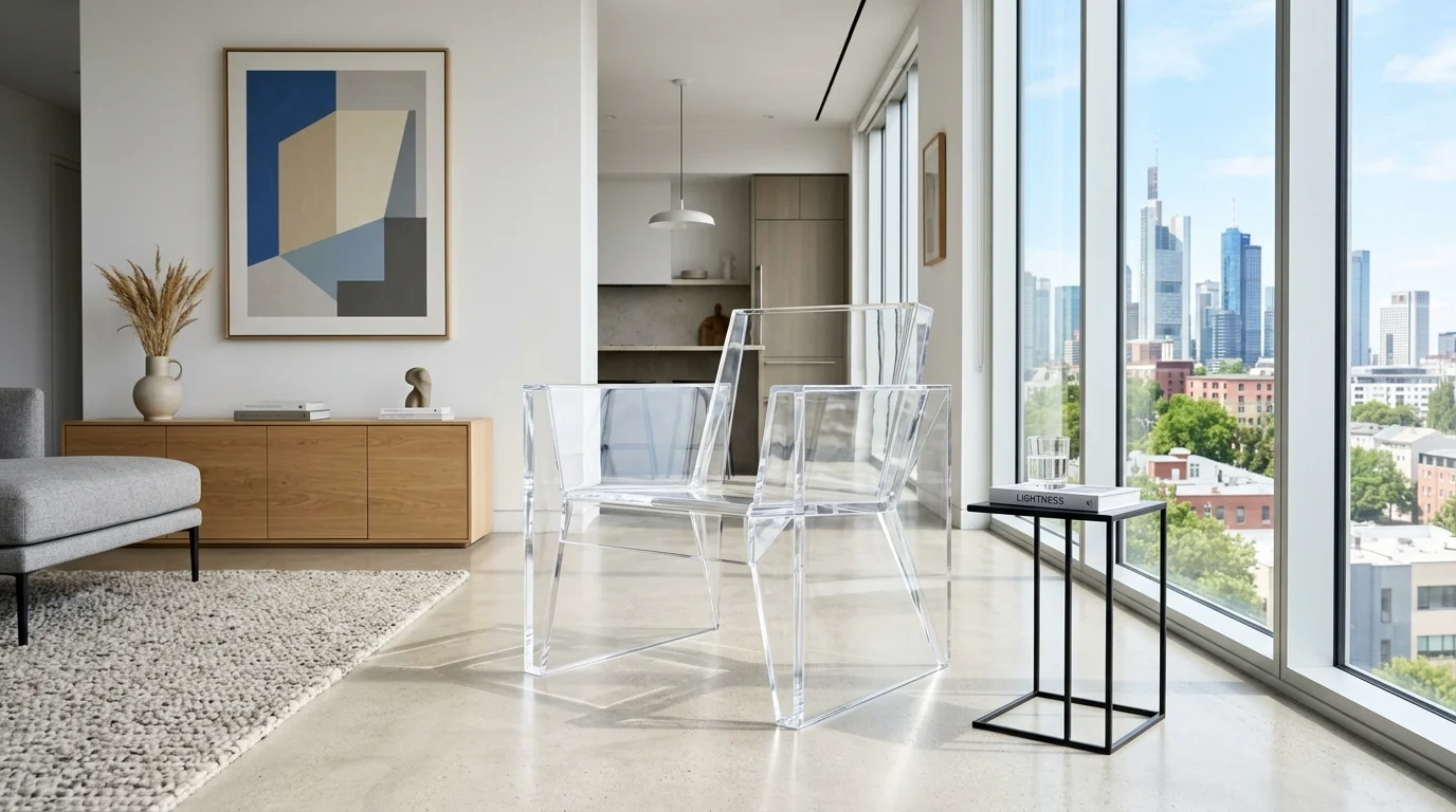 A chair made from transparent acrylic with an illusion of invisibility placed in a modern room bright lighting unexpected design no people