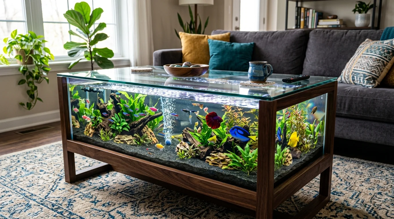 A coffee table with a built in aquarium featuring colorful fish and water elements bright lighting dynamic eye catching furniture no people