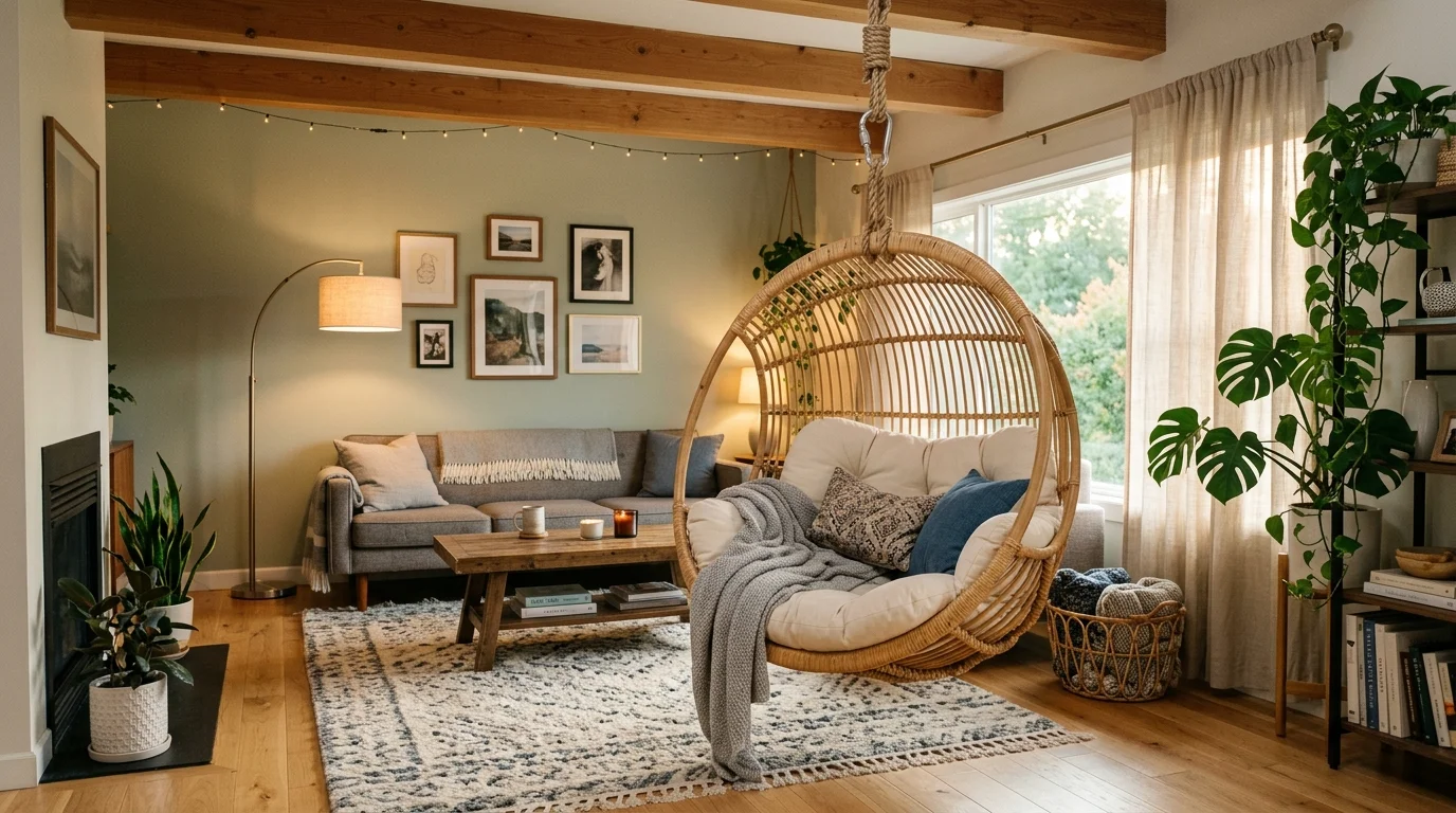 A swing chair suspended from the ceiling used as seating in a living room soft lighting playful unconventional furniture idea no people