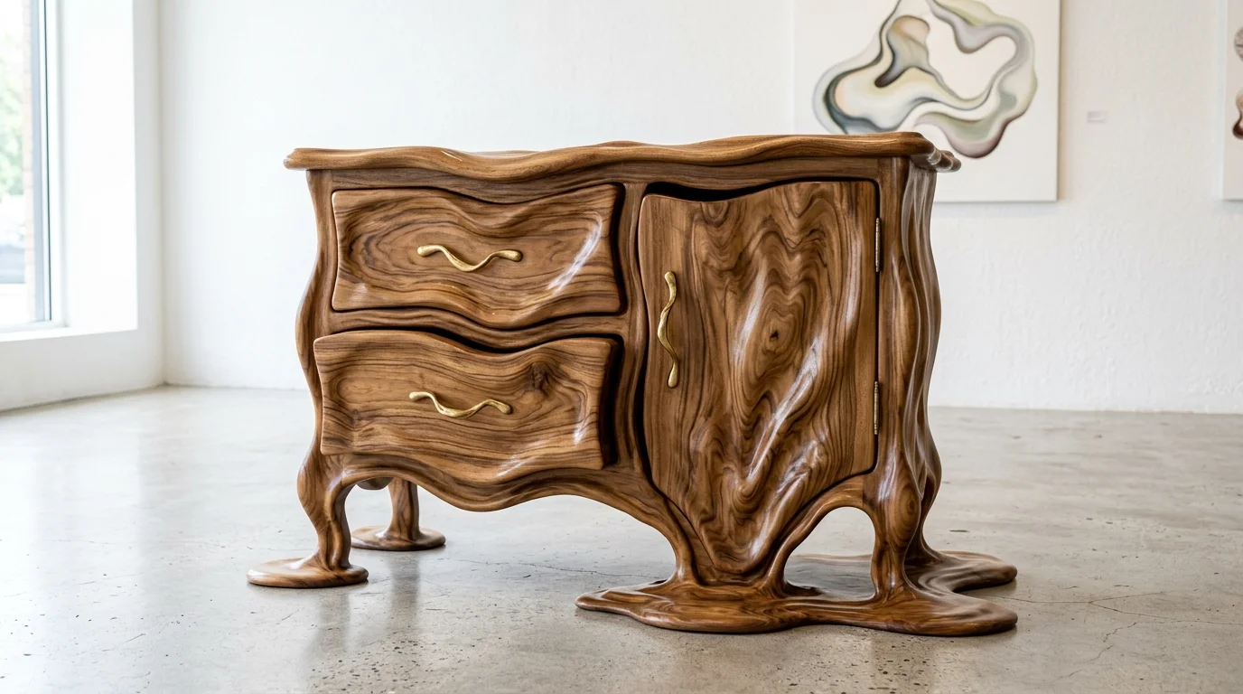 A cabinet with a distorted wavy shape creating a melting effect bright lighting artistic surreal furniture piece no people