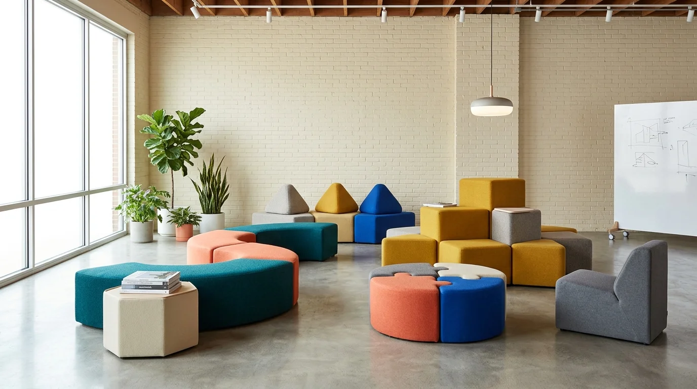 A modular seating arrangement with pieces that can be rearranged into unusual shapes bright lighting flexible quirky furniture design no people