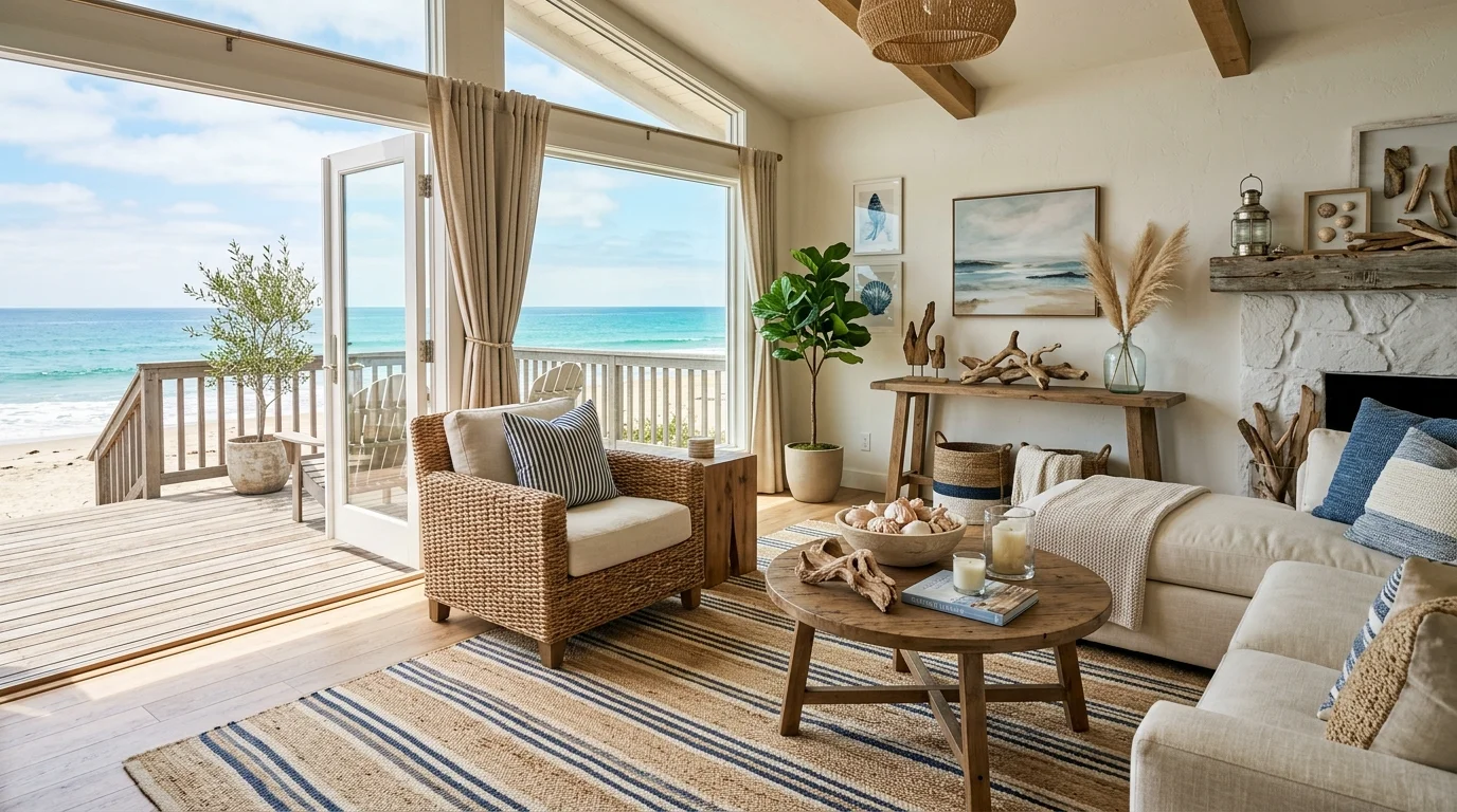 A coastal living room with a woven rattan chair striped rug and driftwood decor pieces bright natural lighting relaxed seaside aesthetic no people