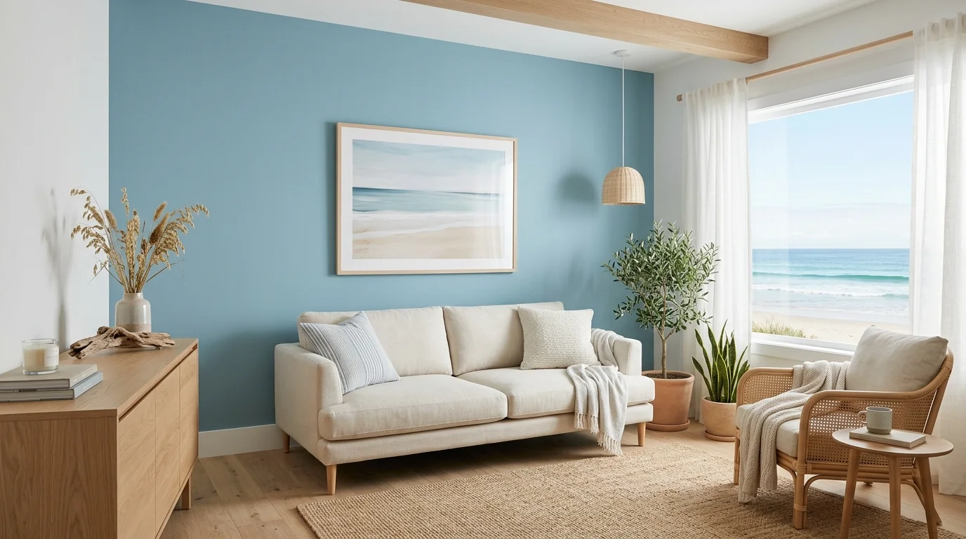 A room with a feature wall in soft ocean blue paired with neutral furniture and minimal decor bright daylight tranquil beach vibe no people