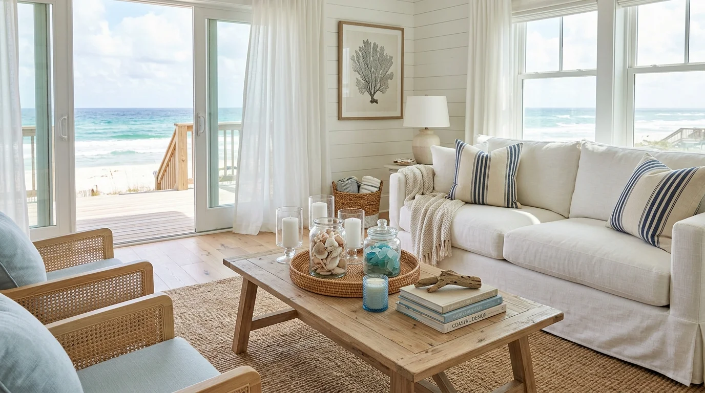 A beach living room with a coffee table styled with seashells glass jars and candles bright natural light fresh coastal charm no people