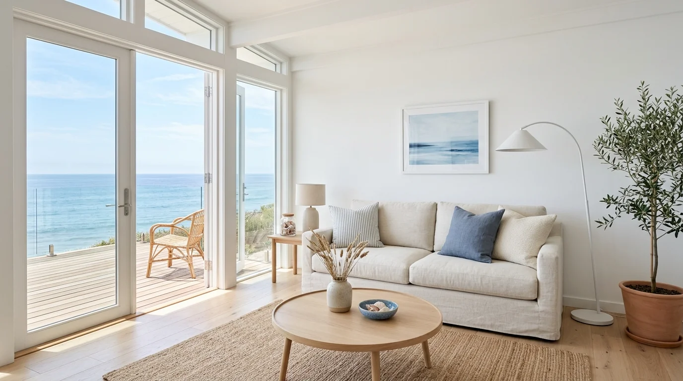A minimal coastal space with white walls a simple sofa and subtle blue accents bright lighting clean serene design no people
