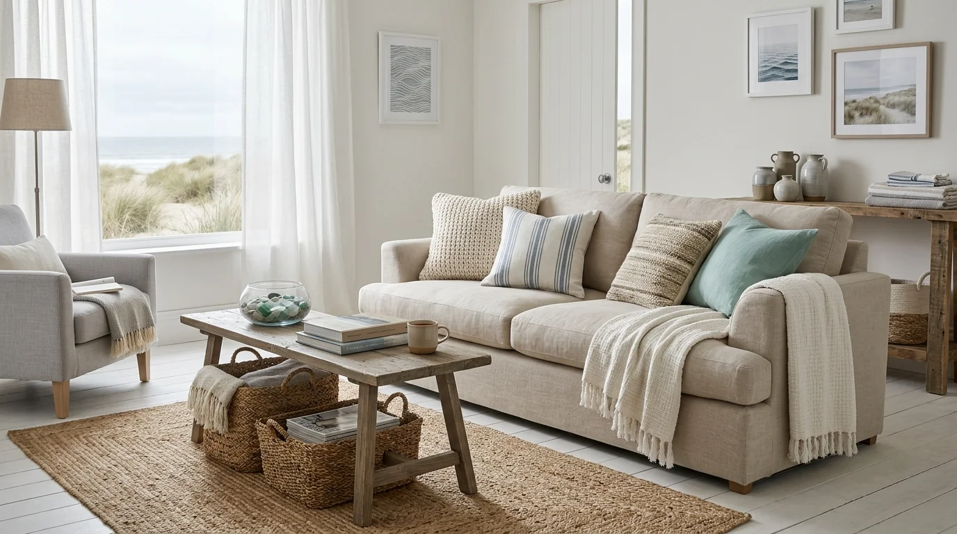 A cozy living room with layered textures including linen cushions woven baskets and light throws soft natural lighting relaxing beach retreat no people