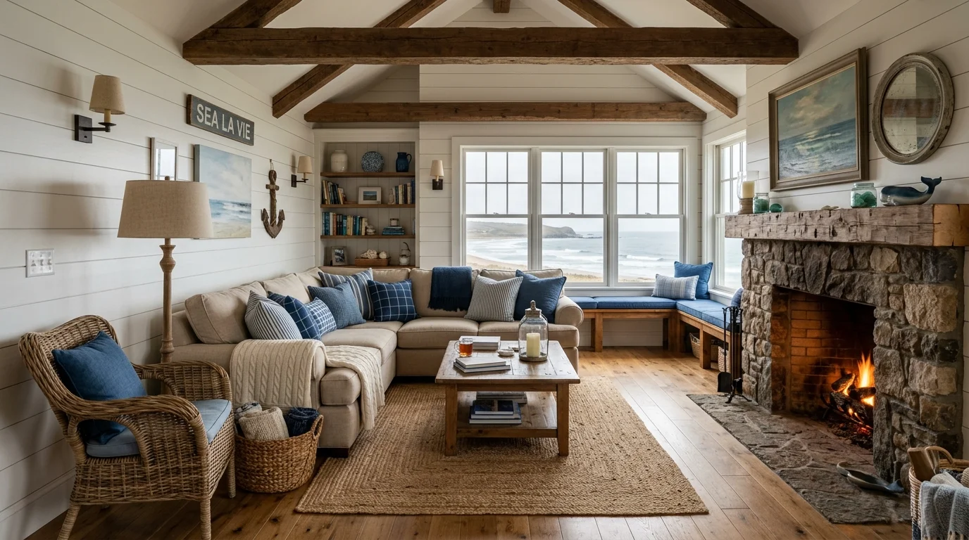A coastal farmhouse living room with shiplap walls wooden accents and blue decor soft warm lighting cozy seaside cottage feel no people