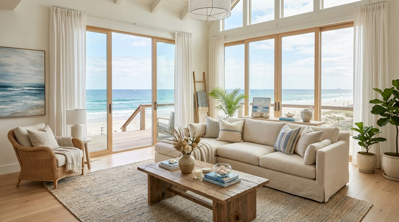 A bright living room with large windows overlooking a beach view paired with soft neutral decor bright natural light peaceful ocean inspired space no people