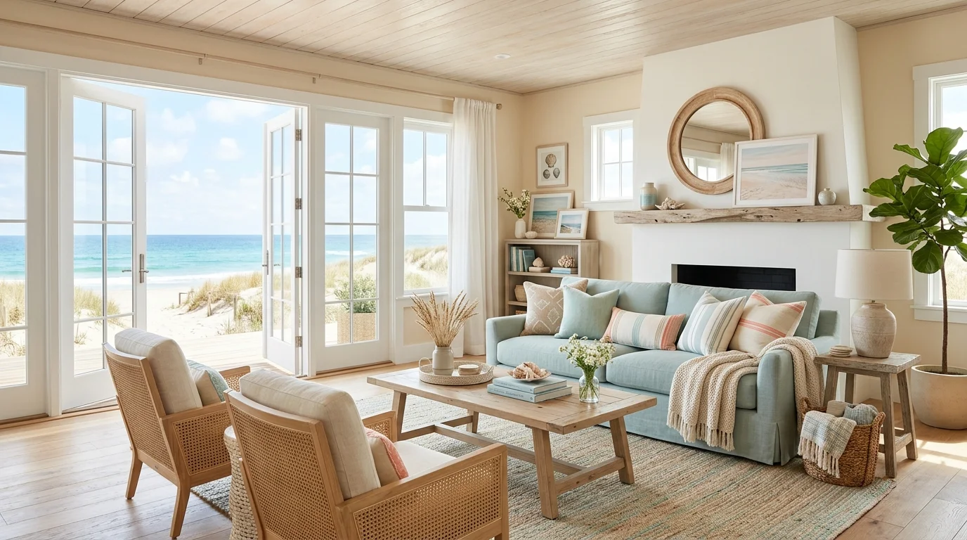 A living room with pastel tones inspired by sand and sea paired with light decor bright natural daylight dreamy coastal palette no people