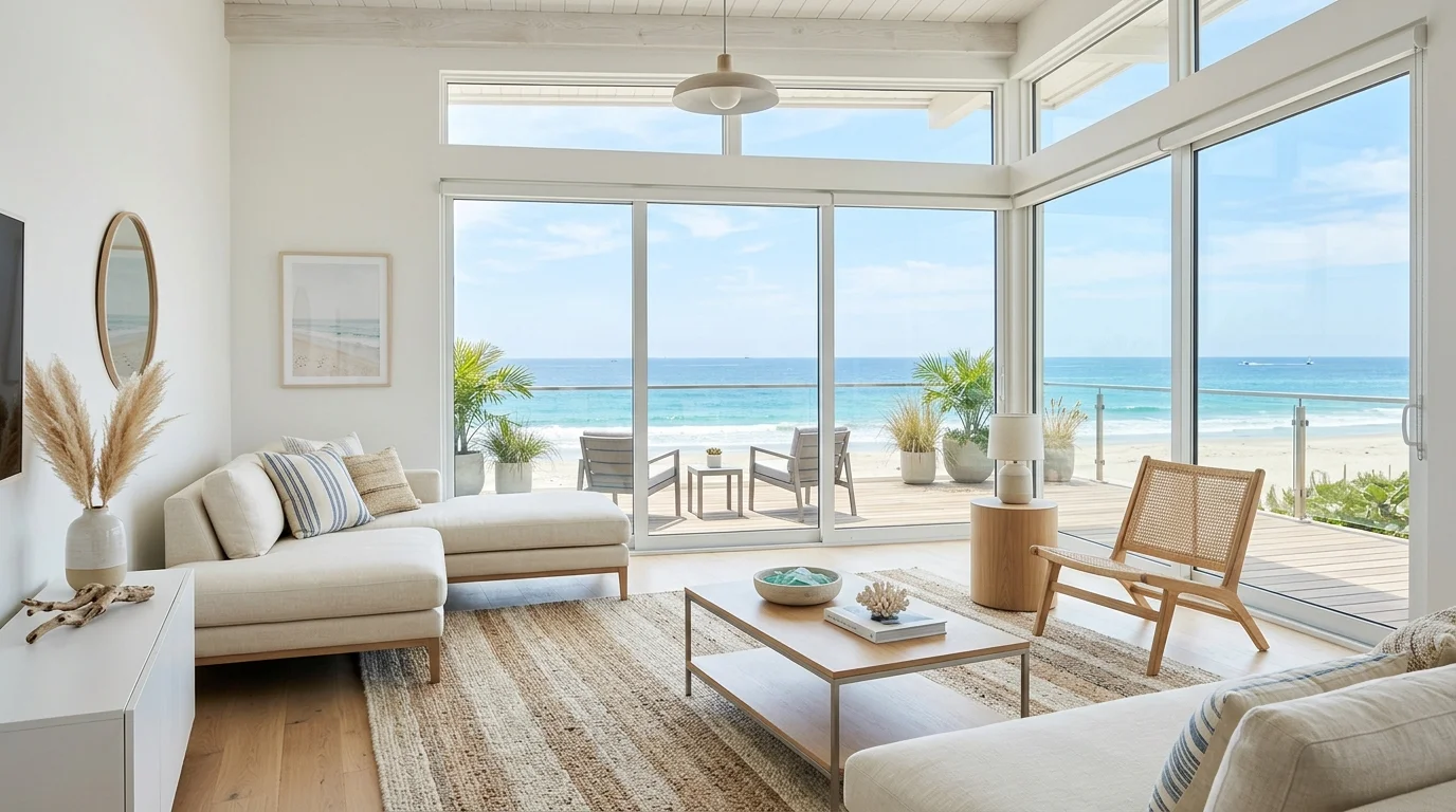 A modern coastal living room with sleek furniture light tones and minimal accessories bright lighting fresh contemporary beach style no people