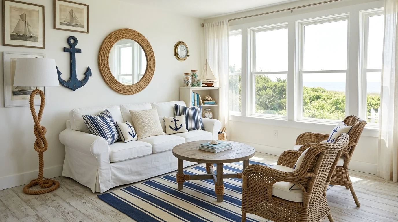 A beach themed space with nautical decor including rope accents anchor motifs and striped pillows bright lighting classic seaside look no people