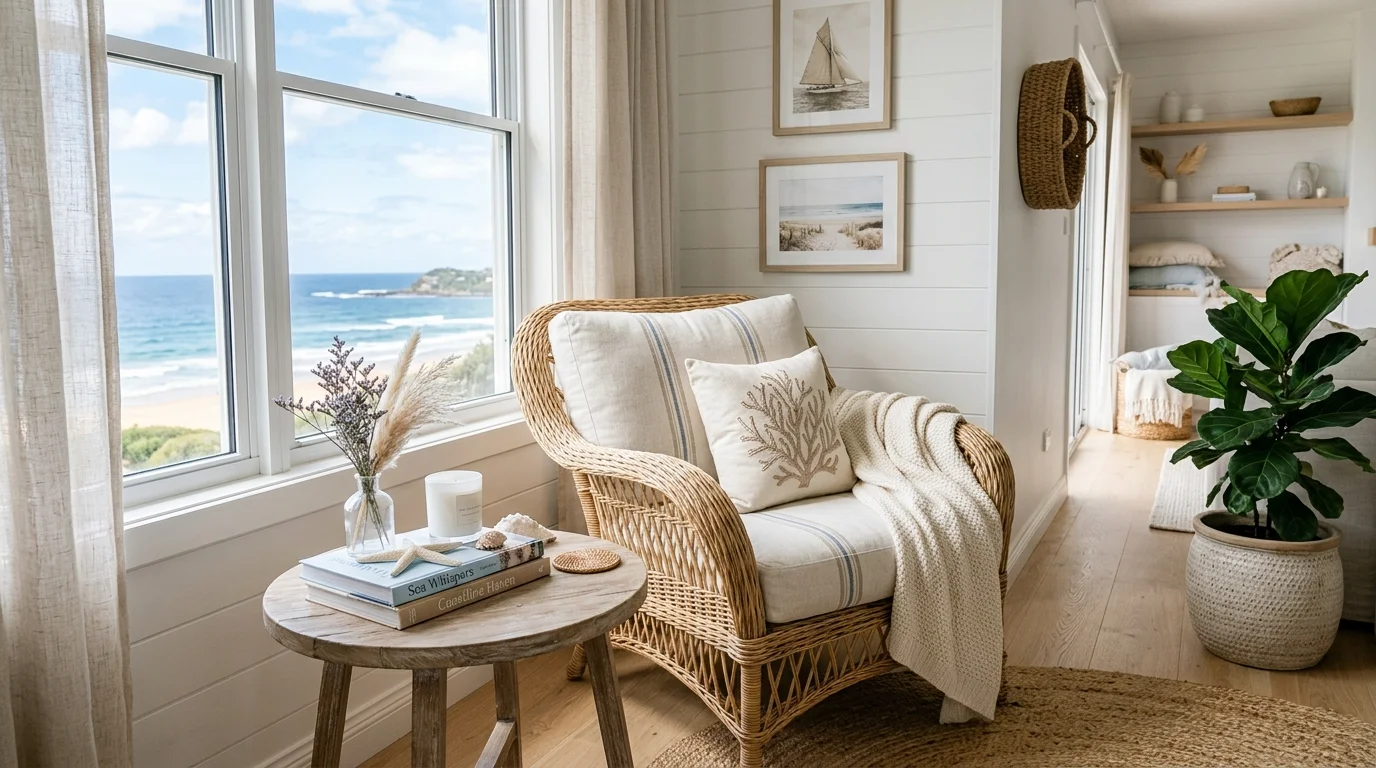 A serene living room corner with a wicker chair soft cushions and a small table with coastal decor bright natural daylight relaxing ocean inspired nook no people