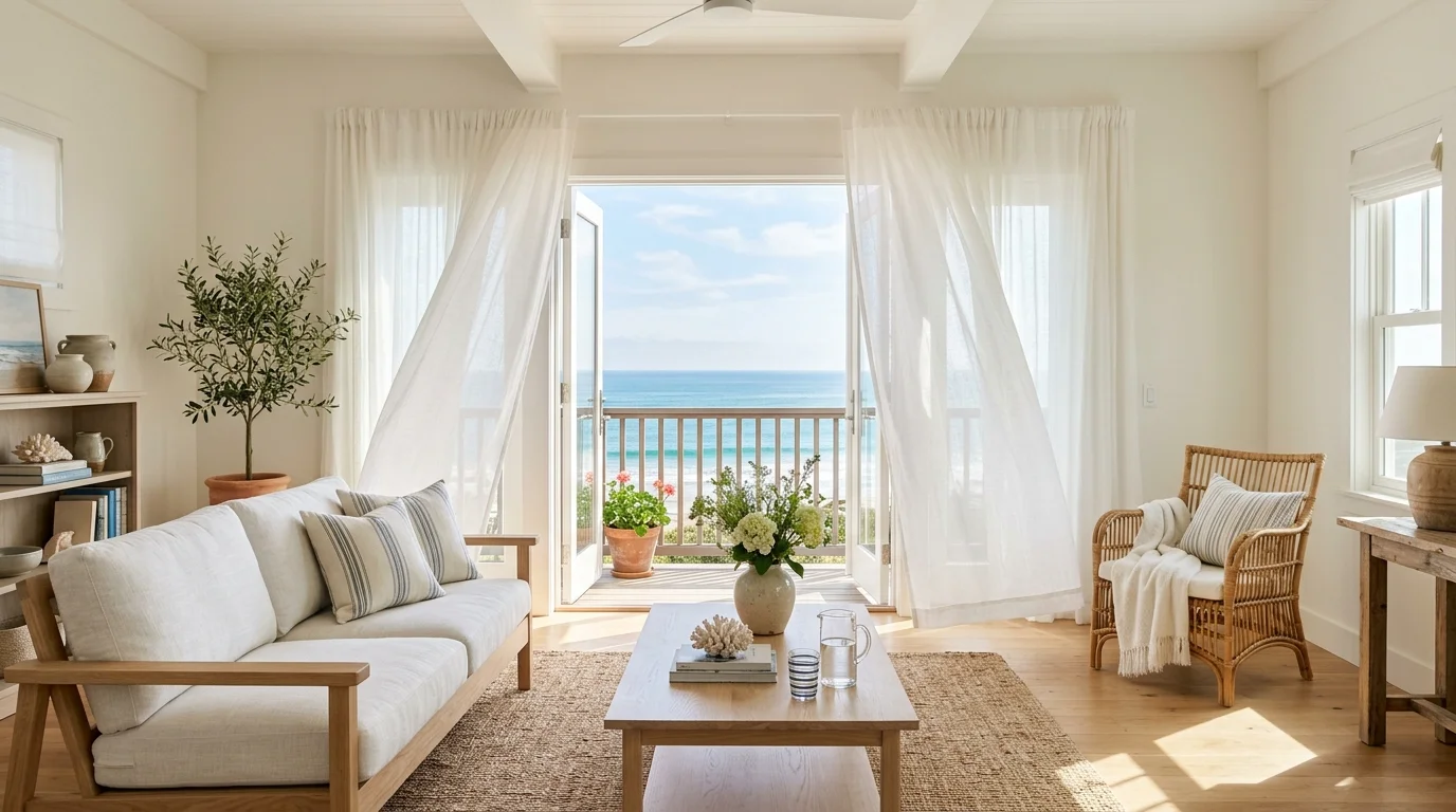 A living room with sheer white curtains flowing gently in the breeze paired with light wood furniture bright natural light airy coastal calm no people